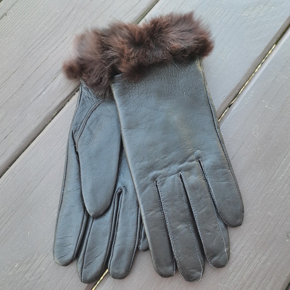 Gold Medal Hosiery Women's Brown Leather Gloves Natural Rabbit Fur Cuffs L/XL